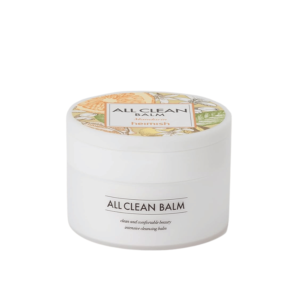 Un barattolo di Heimish All Clean Balm con profumo di mandarino, un intenso balsamo struccante, con un'etichetta colorata e confezione bianca.