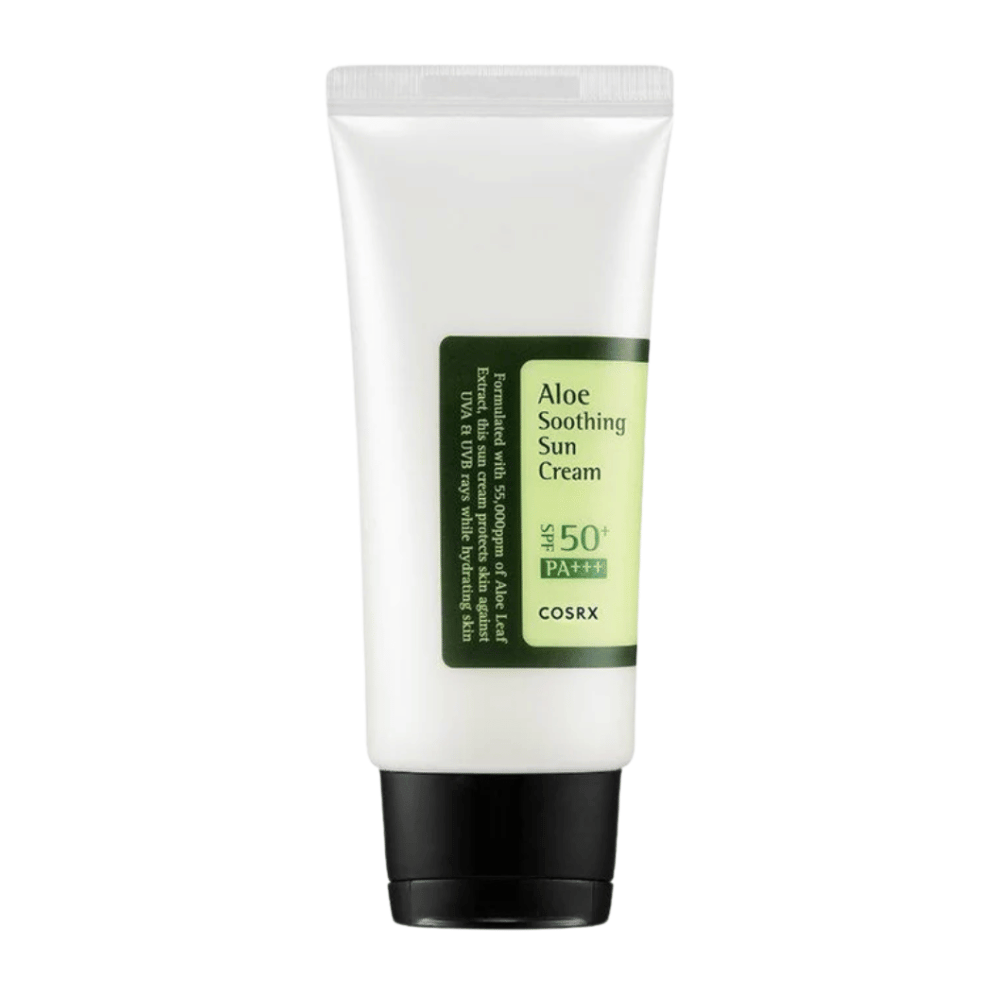 COSRX Aloe Soothing Sun Cream SPF 50+ PA+++ in tubo bianco con tappo nero – crema solare con aloe vera che protegge e lenisce la pelle.