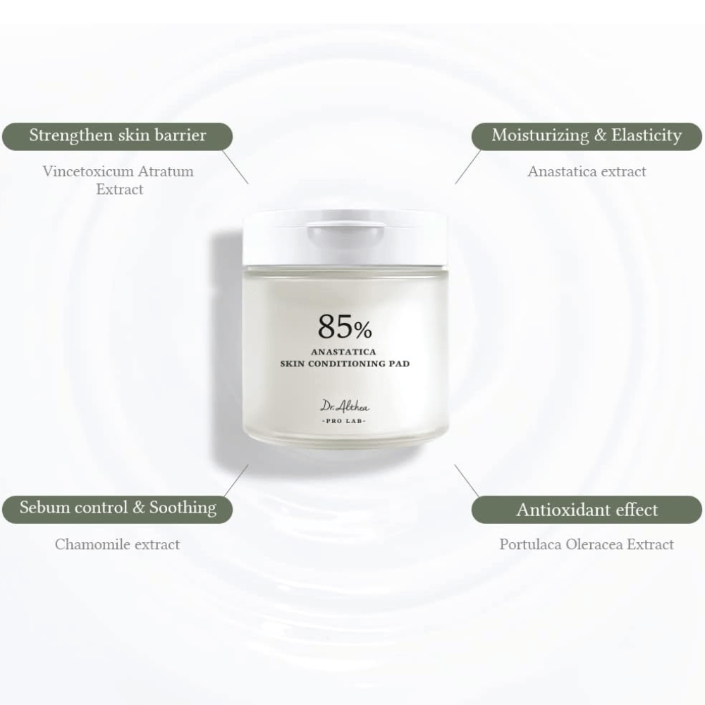 Dr. Althea 85% Anastatica Skin Conditioning Pad con estratto di Anastatica, camomilla, portulaca ed estratto di Vincetoxicum che rafforzano la barriera cutanea e leniscono la pelle.