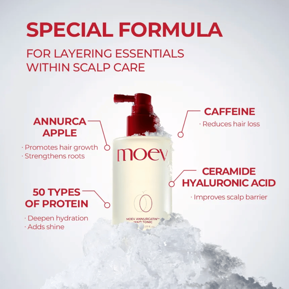MOEV Annurcatin Hair Tonic – formula avanzata con mela Annurca, caffeina e acido ialuronico che rinforza i capelli e il cuoio capelluto.