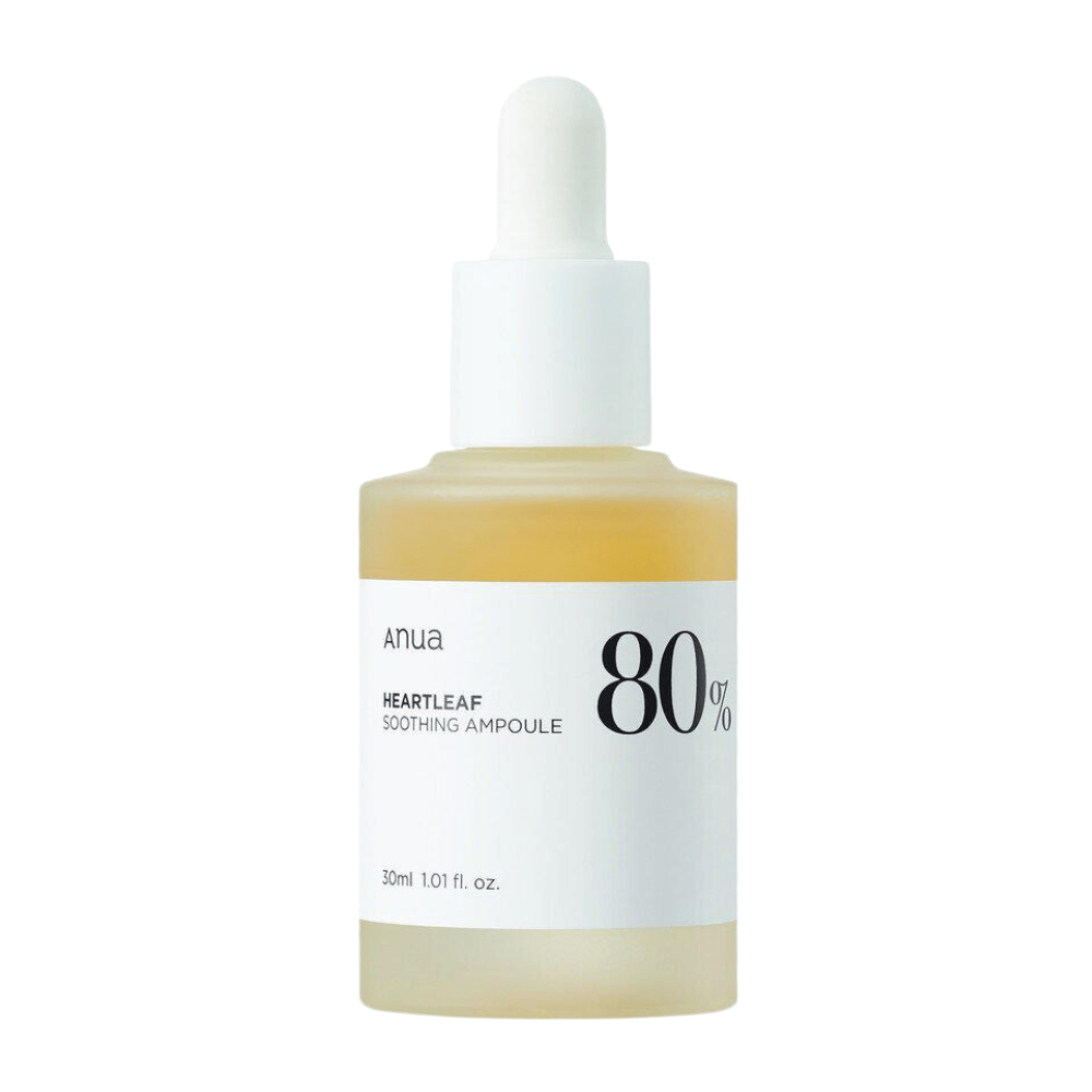 Una Anua ampolla calmante Heartleaf 80% con sfondo bianco.