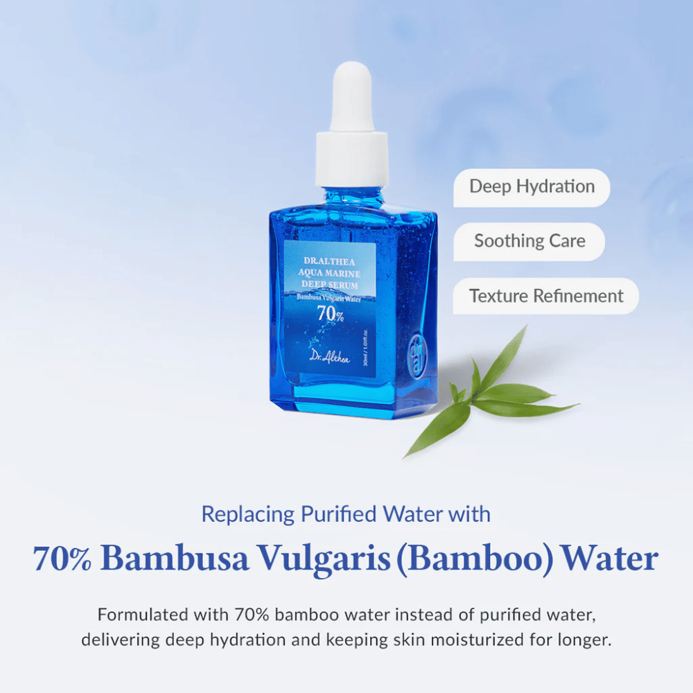 Dr. Althea Aqua Marine Deep Serum in bottiglia di vetro blu con pipetta, formulato con il 70% di acqua di Bambusa Vulgaris (bamboo) per idratazione profonda, cura calmante e migliorata texture della pelle.