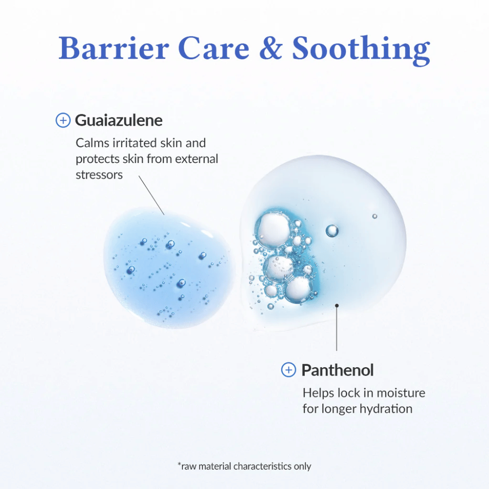 Cura della barriera e calmante in Dr. Althea Aqua Marine Deep Serum con guaiazulene che calma la pelle irritata e protegge dallo stress esterno, e pantenolo che lega l'umidità e rinforza la barriera cutanea per un'idratazione duratura.
