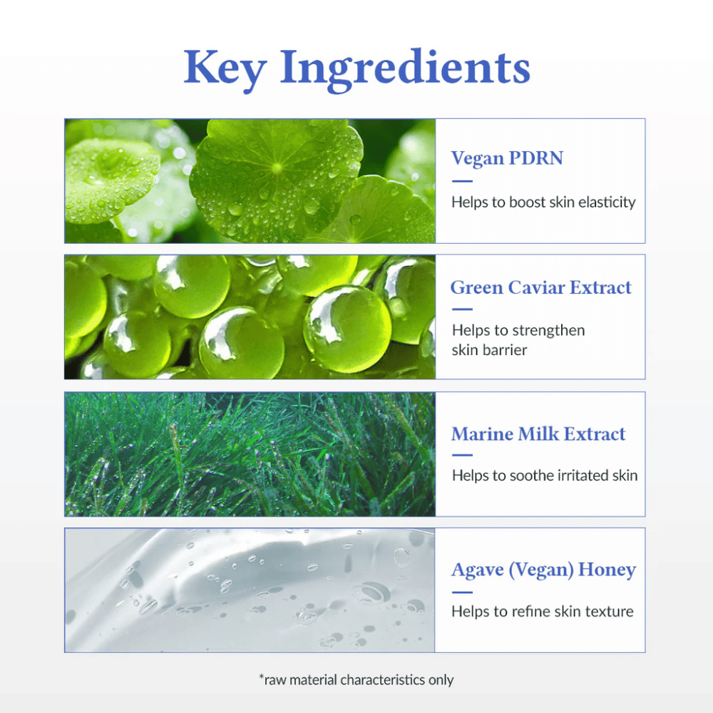 Ingredienti chiave in Dr. Althea Aqua Marine Deep Serum – Vegan PDRN per elasticità, estratto di caviale verde che rinforza la barriera cutanea, estratto di latte marino che calma la pelle e agave (miele vegano) per una struttura della pelle più uniforme.