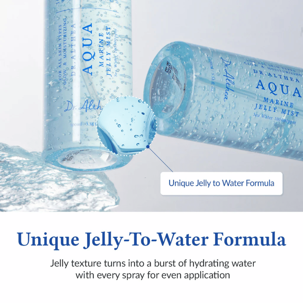 Dr. Althea Aqua Marine Jelly Mist con una formula unica da gelatina ad acqua che si attiva al momento dello spray e fornisce un'idratazione intensa