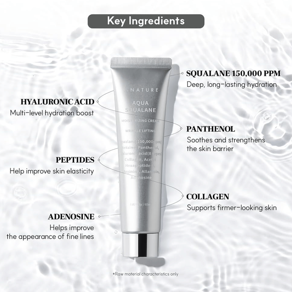 S.NATURE Aqua Squalane Moisturizing Cream con squalane, acido ialuronico, pantenolo, peptidi e collagene per una pelle idratata ed elastica.