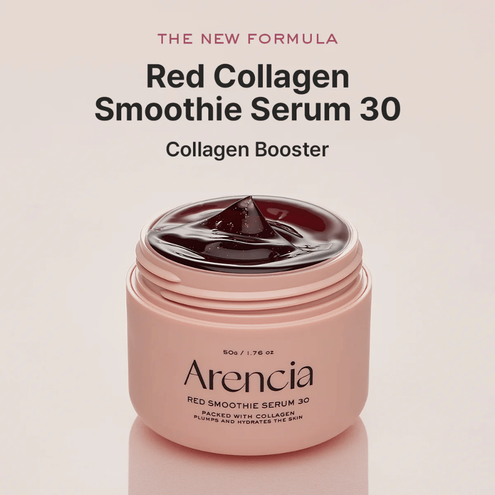 Arencia Red Smoothie Serum 30 in barattolo rosa, nuova formula che funziona come booster di collagene.