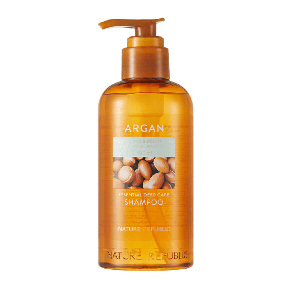 Immagine del prodotto su Nature Republic Argan Essential Moisture Repairing Shampoo – shampoo nutriente per capelli più forti e lucenti.