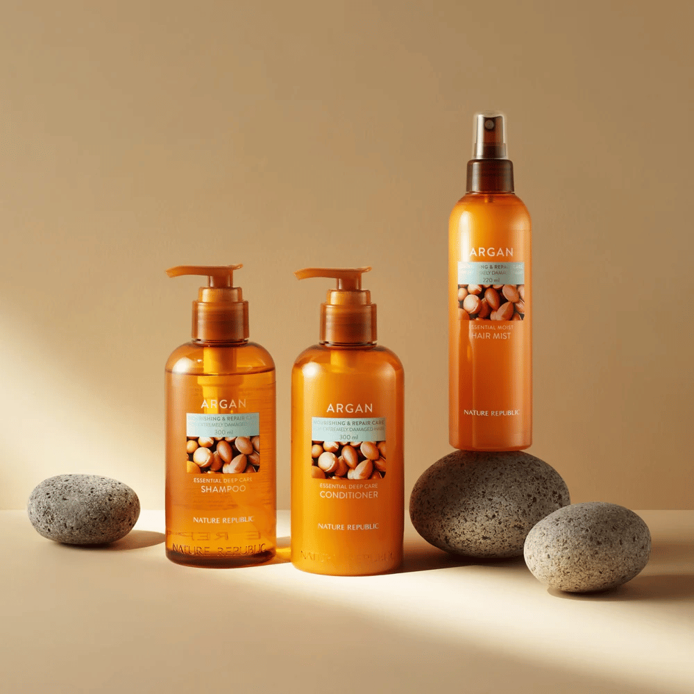 Nature Republic Serie all'argan con shampoo, balsamo e hair mist per capelli danneggiati – arricchito con olio di argan per lucentezza e nutrimento.