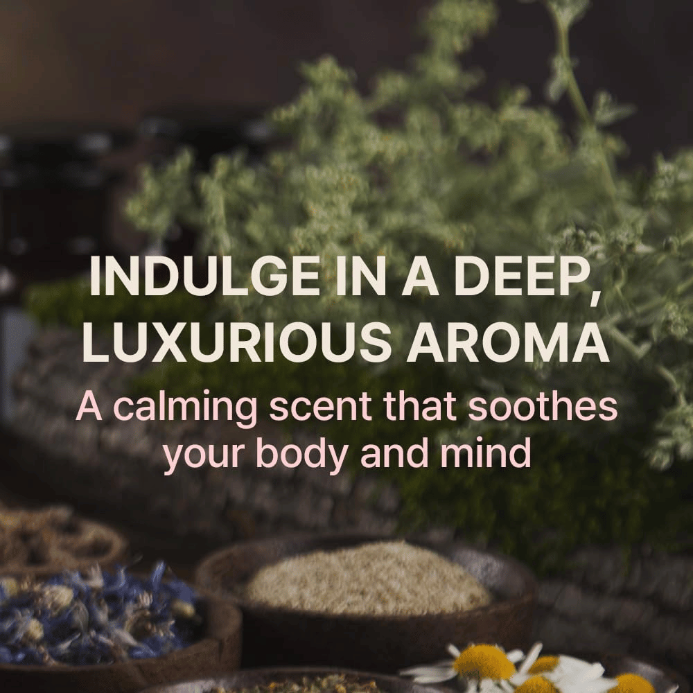 Immagine d’atmosfera con erbe e ingredienti naturali insieme a un testo che evidenzia l’aroma calmante e lussuoso del prodotto per corpo e mente.