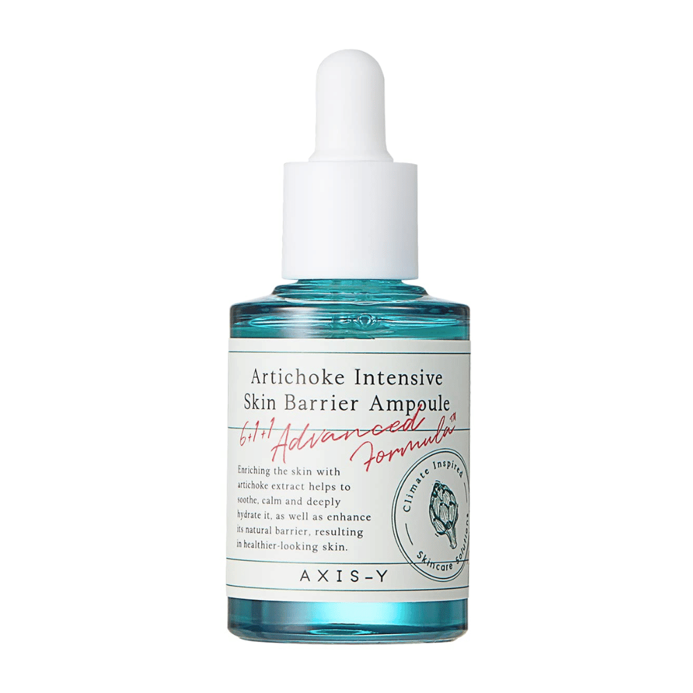 Una bottiglia di siero per la cura della pelle etichettata "Artichoke Intensive Skin Barrier Ampoule" da AXIS-Y.