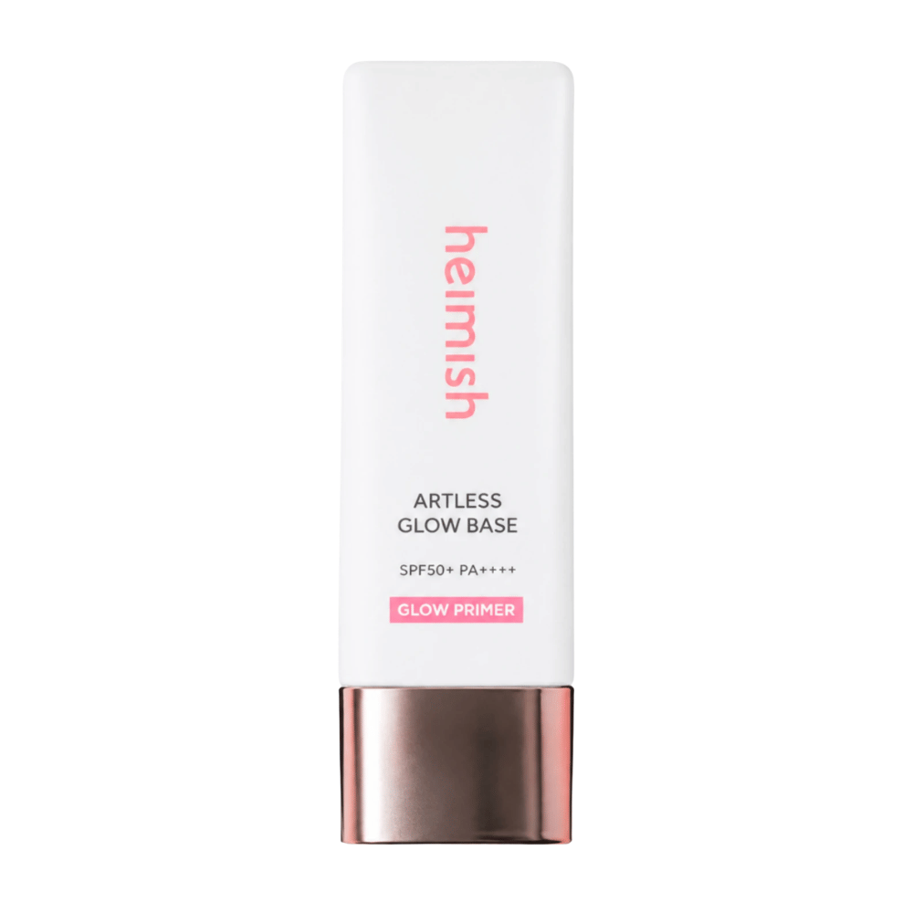 Heimish Artless Glow Base SPF50+ PA++++ – glow coreano primer e protezione solare in confezione bianca con tappo color oro rosa.
