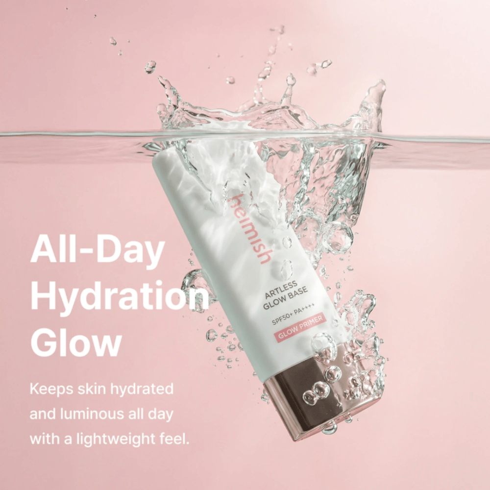 Heimish Artless Glow Base SPF50+ PA++++ – protezione solare idratante e glow primer con formula leggera per una luminosità che dura tutto il giorno.