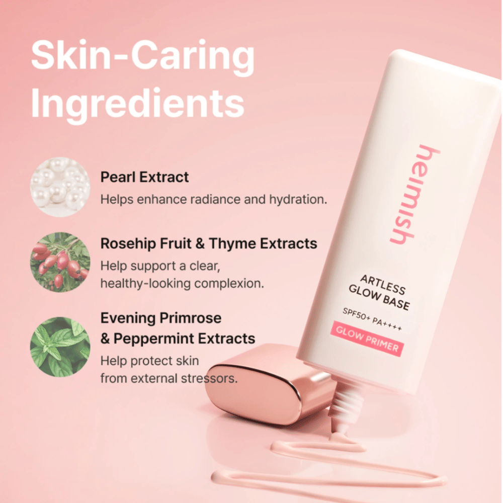 Heimish Artless Glow Base SPF50+ PA++++ con estratto di perla, rosa canina, timo, enotera e menta piperita per idratazione e luminosità.