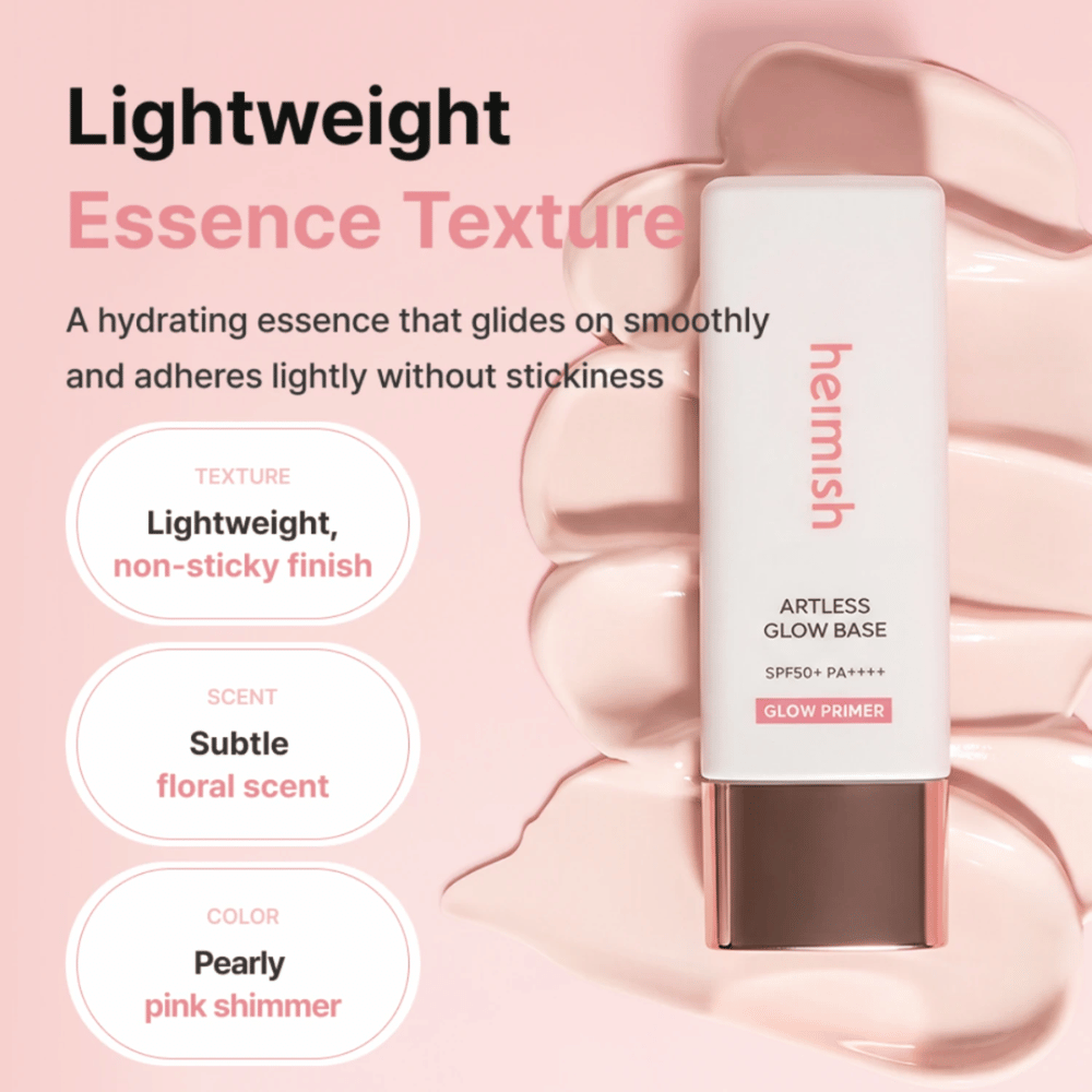 Heimish Artless Glow Base SPF50+ PA++++ – glow primer leggero e idratante con finitura rosa madreperlata senza sensazione appiccicosa.