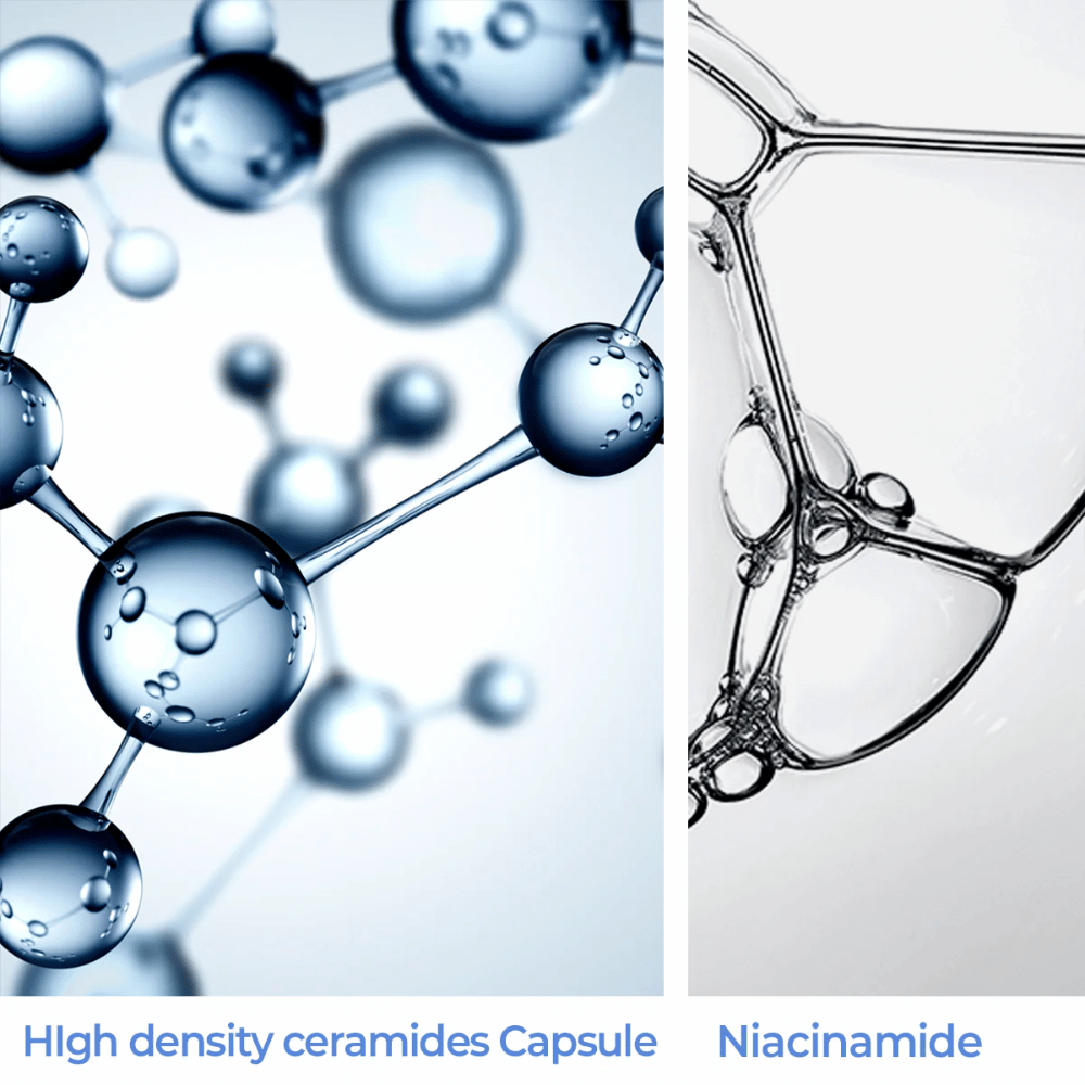 Primo piano di capsule di ceramide ad alta densità e niacinamide – ingredienti chiave in AESTURA Atobarrier 365 Lotion.