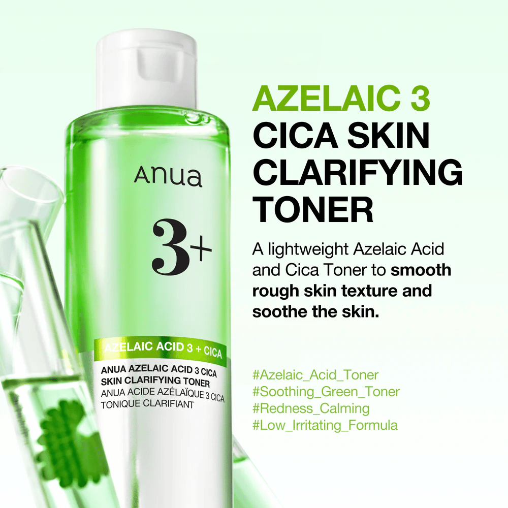 Anua Azelaic Acid 3 Cica Skin Clarifying Toner con il 3% di acido azelaico e centella asiatica che esfolia delicatamente, lenisce la pelle e migliora la luminosità della pelle.