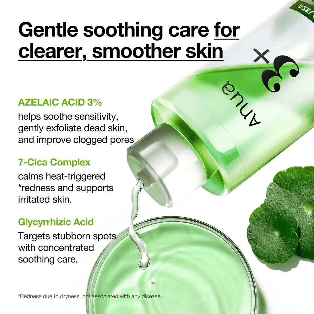 Anua Azelaic Acid 3 Cica Skin Clarifying Toner con il 3% di acido azelaico, 7-Cica Complex e acido glicirrizinico che leniscono la pelle sensibile e riducono i rossori.