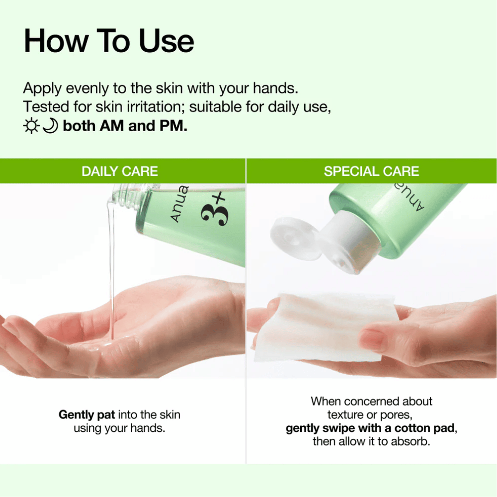 Anua Azelaic Acid 3 Cica Skin Clarifying Toner si applica con le mani o con un dischetto di cotone per lenire la pelle e migliorare la grana della pelle.