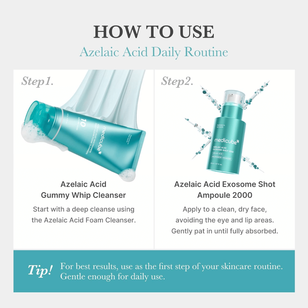 Guida passo dopo passo per una routine di cura della pelle con acido azelaico. Per prima cosa si utilizza un detergente con acido azelaico per pulire la pelle in profondità, quindi si applica Medicube Azelaic Acid Exosome Shot 2000 sulla pelle asciutta. L’immagine sottolinea che il siero è abbastanza delicato per l’uso quotidiano.