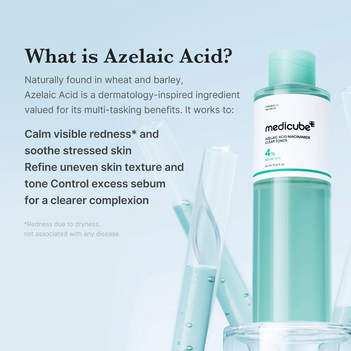 Medicube Azelaic Acid Niacinamide Clear Toner con 4% di acido azelaico che aiuta a lenire i rossori, uniformare il tono della pelle e controllare l'eccesso di sebo per una pelle più chiara.