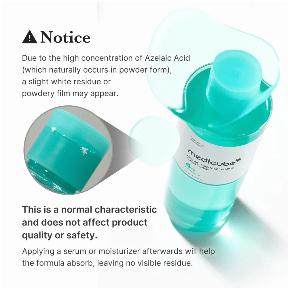 Medicube Azelaic Acid Niacinamide Clear Toner che mostra residui cristallini naturali dell'acido azelaico e spiega che ciò è normale e non influisce sulla qualità o sulla sicurezza del prodotto.