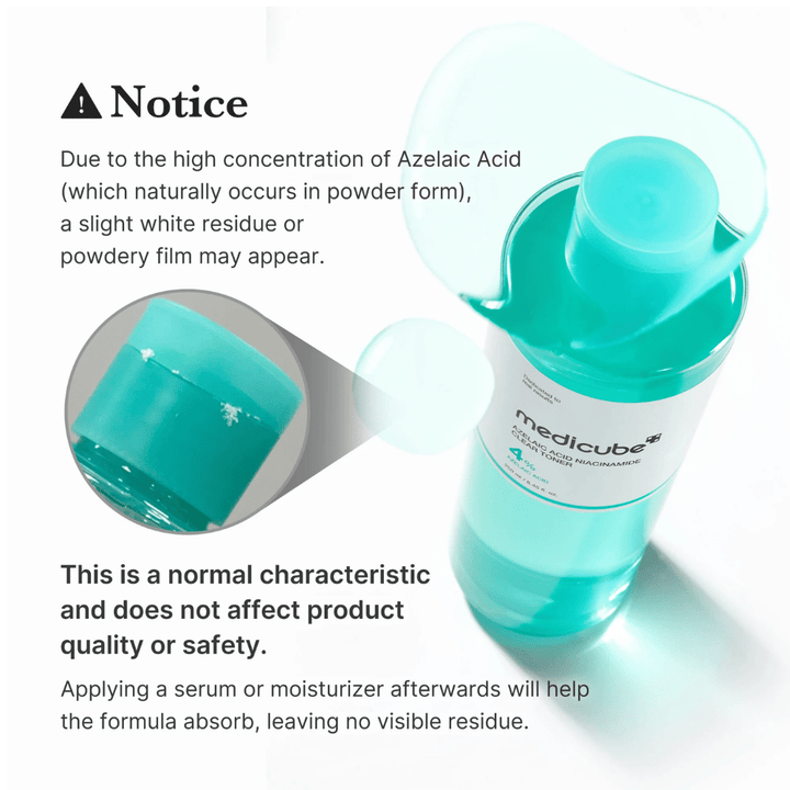Medicube Azelaic Acid Niacinamide Clear Toner che mostra residui cristallini naturali dell'acido azelaico e spiega che ciò è normale e non influisce sulla qualità o sulla sicurezza del prodotto.
