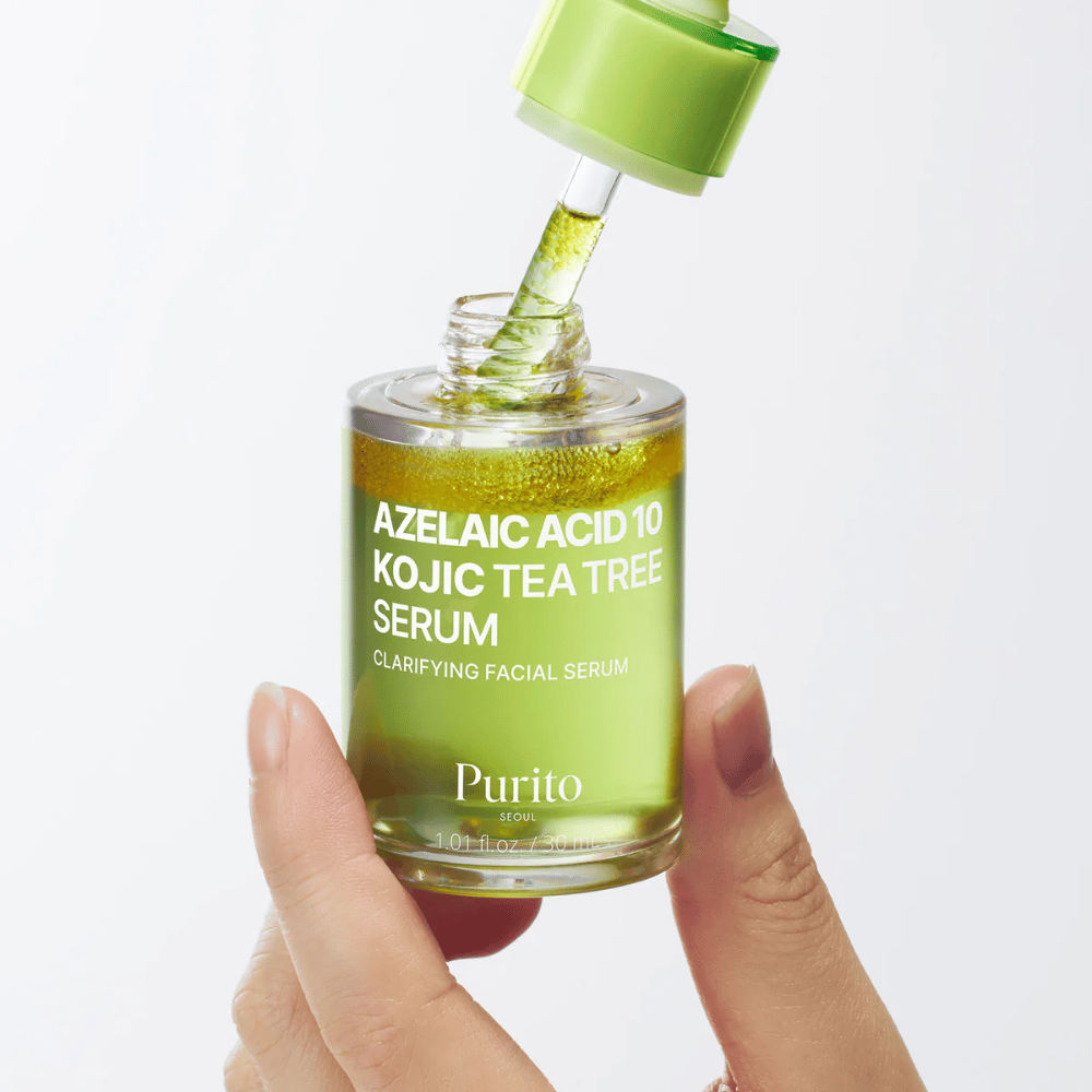 Purito Azelaic Acid 10 Kojic Tea Tree Serum – siero leggero con pipetta. Contiene acido azelaico, acido kojico e tea tree per una pelle più chiara.