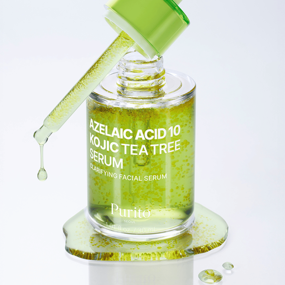 Primo piano di Purito Azelaic Acid 10 Kojic Tea Tree Serum con pipetta e gocce. Dona una pelle più chiara e riduce le impurità.