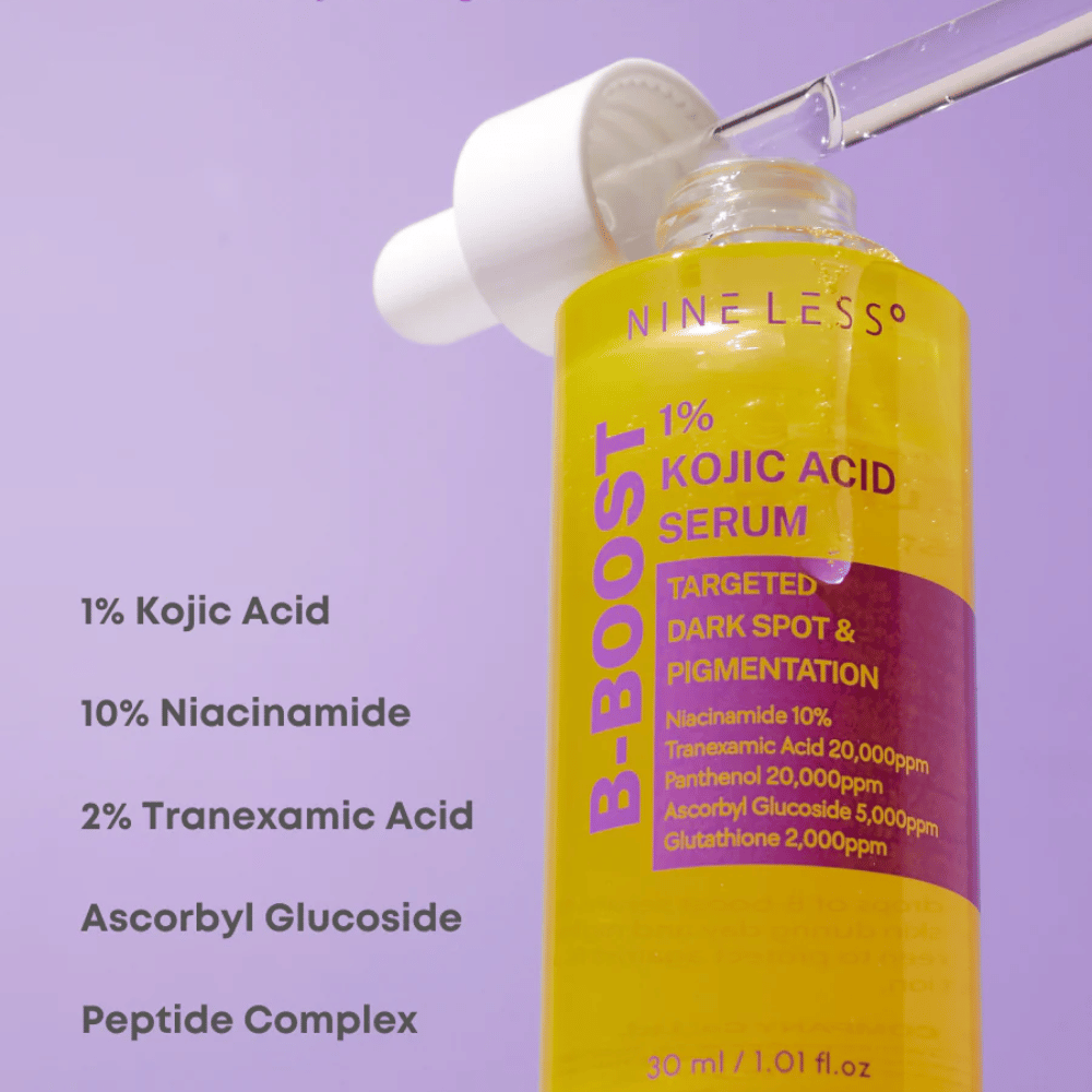 B-Boost 1% Kojic Acid Serum in flaconi con pipetta, per macchie scure e pigmentazione.