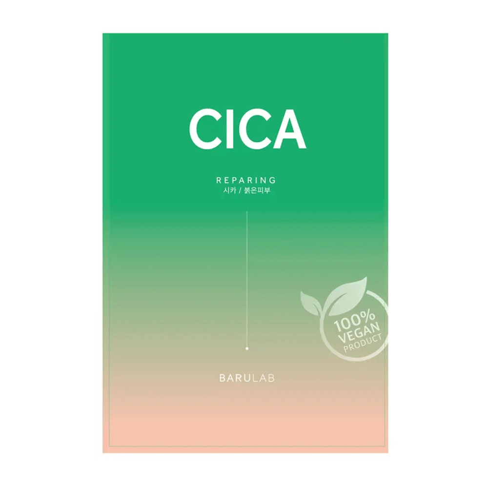 Una confezione da BARULAB per una maschera "CICA Repairing", notata come "100% Prodotto Vegano". La confezione ha un colore sfumato che passa dal verde scuro al più chiaro tonico viso verso il fondo.
