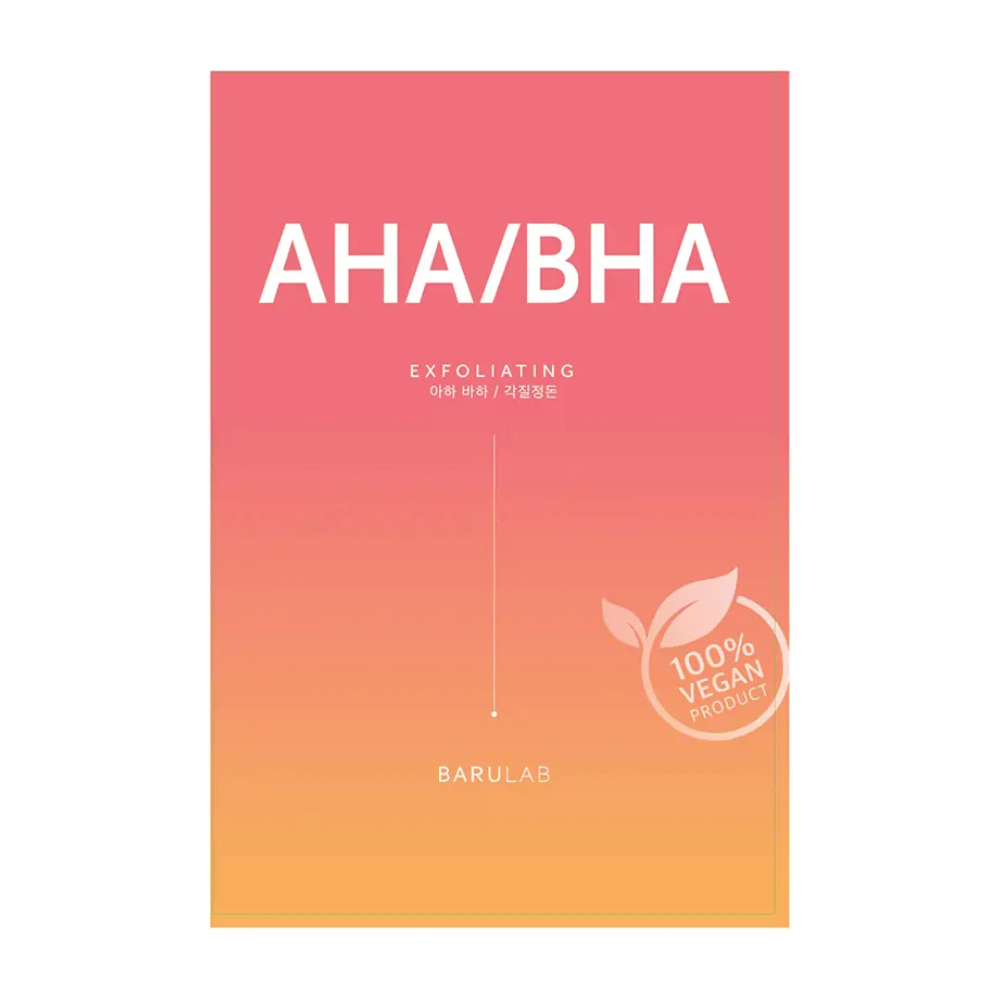 Una confezione di prodotto BARULAB per una maschera "AHA/BHA Exfoliating", indicata come "100% Vegan Product". La confezione passa dal rosso al giallo.