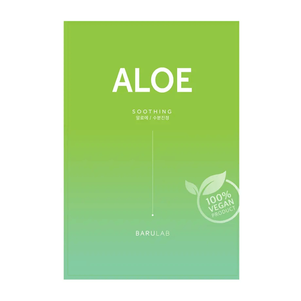Una confezione del prodotto BARULAB "Aloe Soothing" maschera, che è anche contrassegnato come "Prodotto 100% Vegan". La confezione è di colore verde chiaro uniforme.