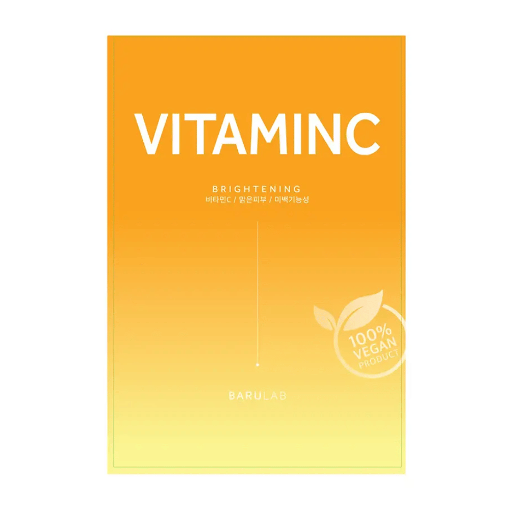 Una confezione di BARULAB maschera "VITAMINC Brightening", etichettata come "100% Vegan Product". La confezione ha una sfumatura di colore dall'arancione in alto al giallo chiaro in basso.