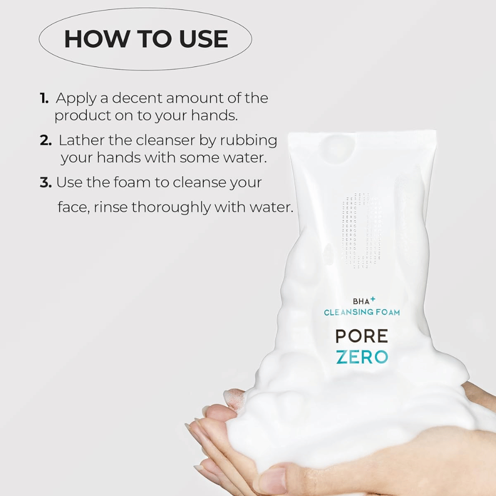 Immagine illustrativa che mostra come utilizzare Be The Skin BHA+ Pore Zero Cleansing Foam passo dopo passo. Il prodotto è mostrato insieme a una ricca schiuma per evidenziare la detersione morbida e schiumosa.