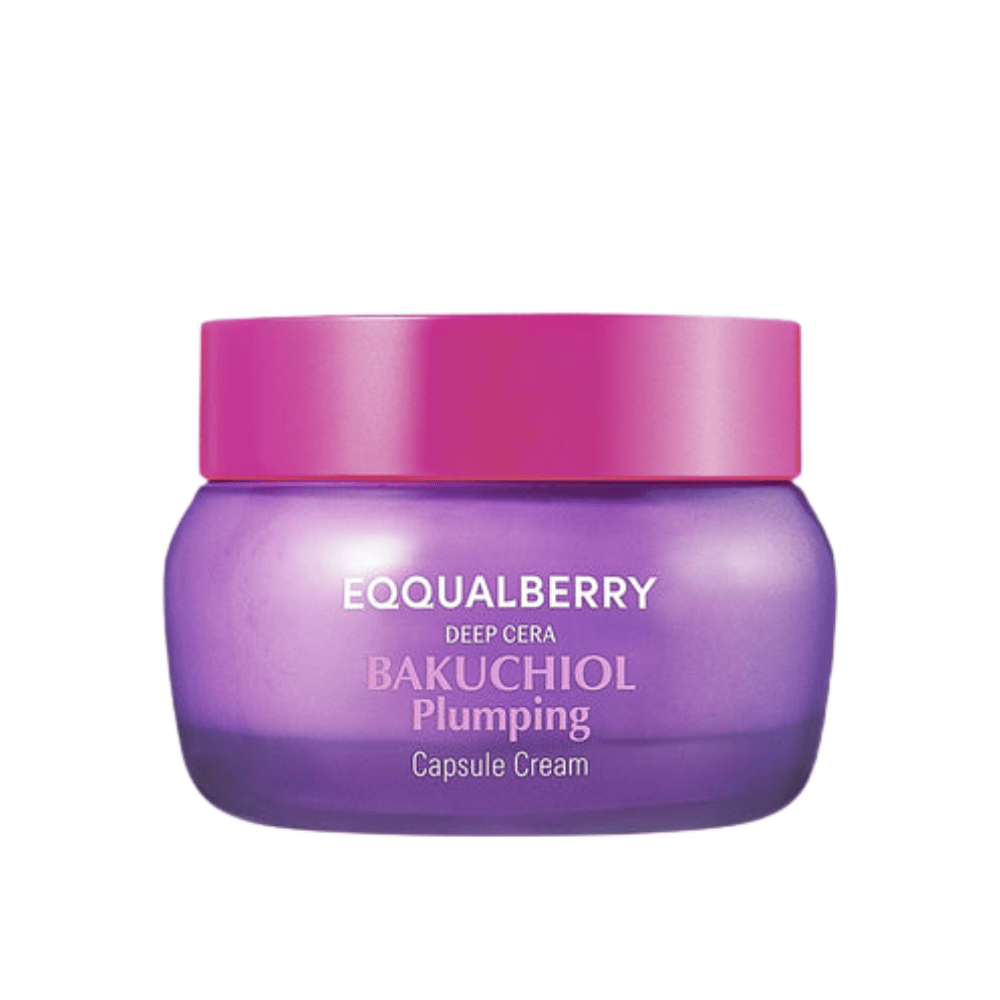 Immagine del prodotto di EQQUALBERRY Bakuchiol Plumping Capsule Cream in barattolo viola con coperchio rosa - idratazione intensa ed effetto anti-età.