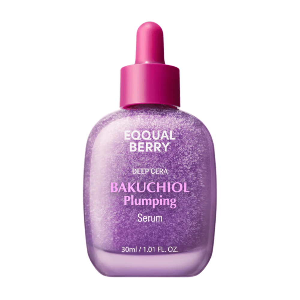Equal Berry Bakuchiol Plumping Serum in una bottiglia scintillante viola con pipetta rosa. Siero idratante e rassodante per una pelle radiosa.