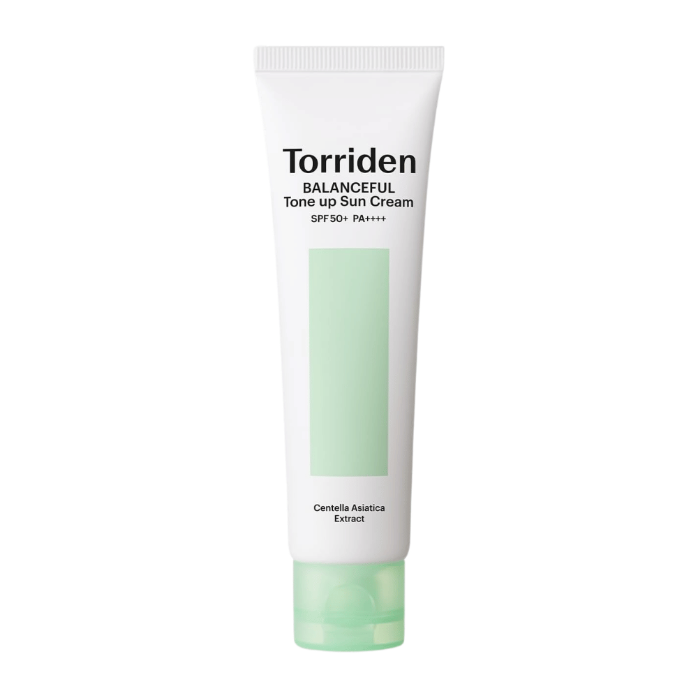 Torriden Immagine del prodotto Balanceful Tone Up Sun Cream SPF50+ PA++++ su sfondo bianco con Centella Asiatica per un trattamento lenitivo e una protezione UV quotidiana.