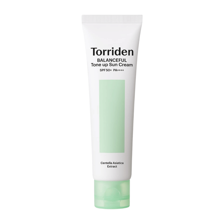 Torriden Immagine del prodotto Balanceful Tone Up Sun Cream SPF50+ PA++++ su sfondo bianco con Centella Asiatica per un trattamento lenitivo e una protezione UV quotidiana.