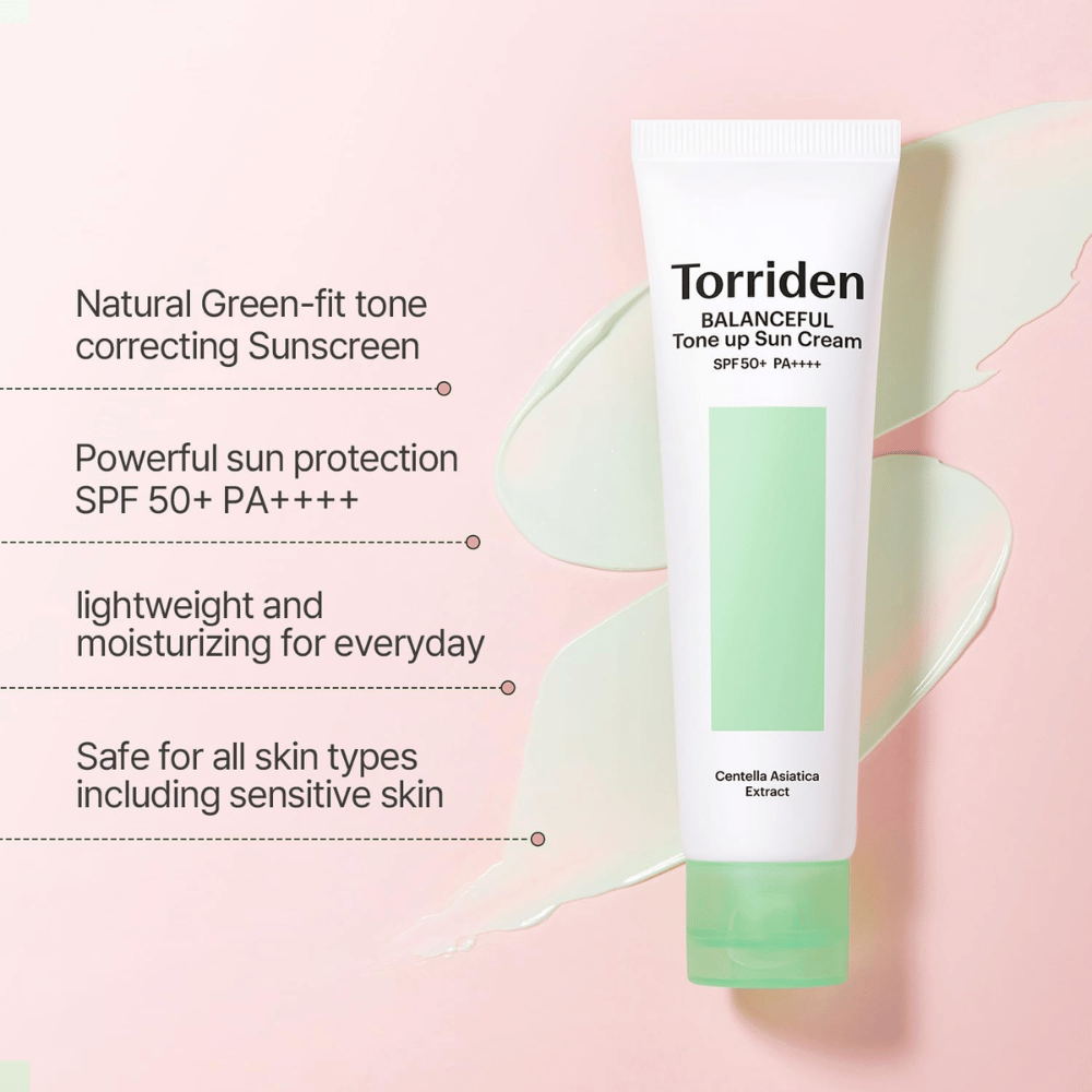 Torriden Balanceful Tone Up Sun Cream SPF50+ PA++++ con effetto tone-up correttivo verde che aiuta a uniformare i rossori e dona luminosità naturale.