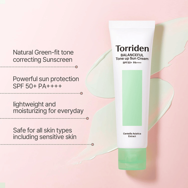 Torriden Balanceful Tone Up Sun Cream SPF50+ PA++++ con effetto tone-up correttivo verde che aiuta a uniformare i rossori e dona luminosità naturale.