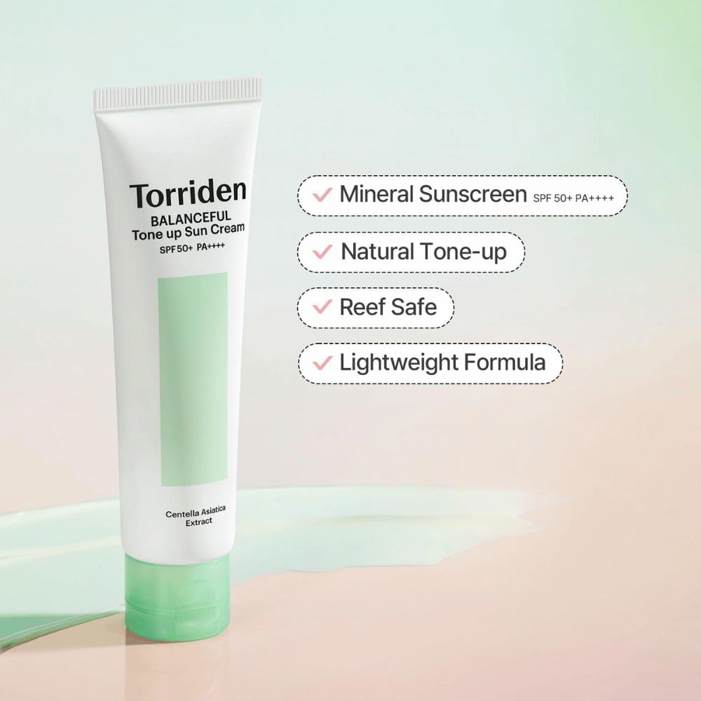 Torriden Balanceful Tone Up Sun Cream SPF50+ PA++++ presentata con focus sulla protezione solare a base minerale, sull'effetto tone-up naturale, sulla formula reef safe e sulla texture leggera.
