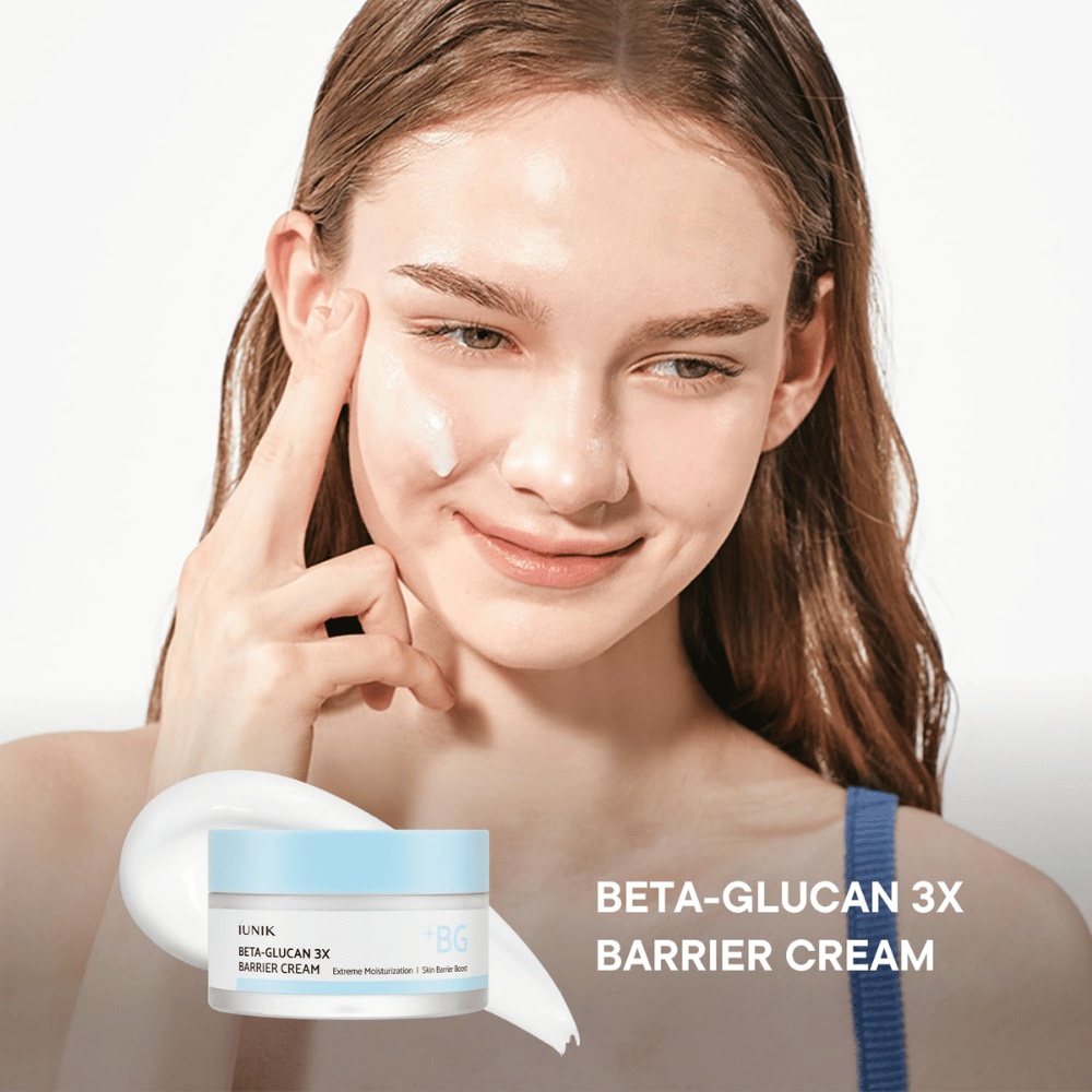 iUNIK Beta-Glucan 3X Barrier Cream applicare sulla pelle per un'idratazione profonda e una barriera cutanea rafforzata