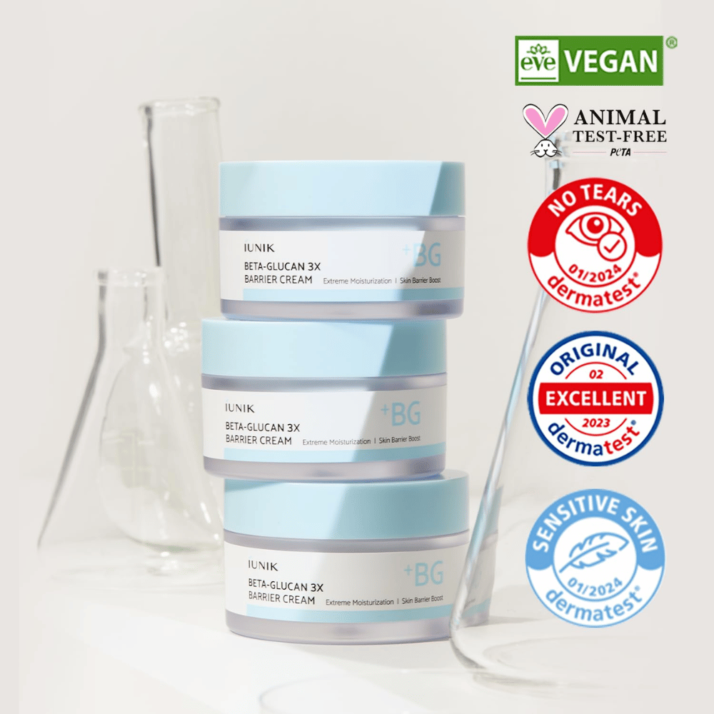 iUNIK Beta-Glucan 3X Barrier Cream con formula vegana e crema barriera dermatologicamente testata per pelle sensibile