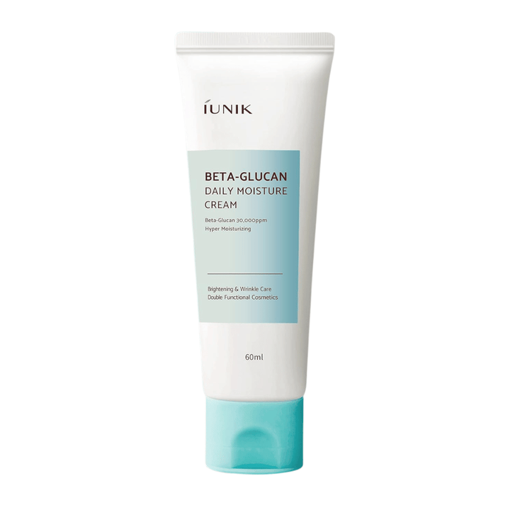 Immagine prodotto scontornata di iUNIK Beta-Glucan Daily Moisture Cream 60 ml. Il design del tubo e il nome del prodotto sono mostrati chiaramente su uno sfondo neutro, offrendo una presentazione del prodotto pulita e professionale.