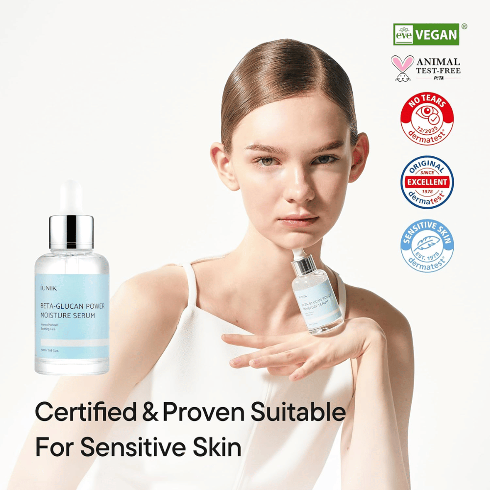 iUNIK Beta-Glucan Power Moisture Serum – siero vegano e cruelty-free adatto per pelli sensibili e che rafforza la barriera cutanea