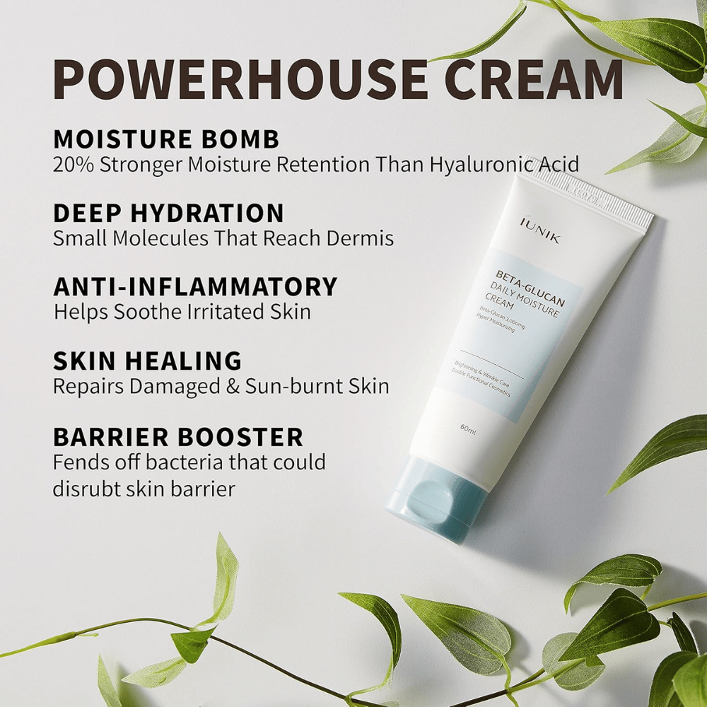 Immagine del prodotto con focus sui principali benefici di iUNIK Beta-Glucan Daily Moisture Cream. L’immagine mette in risalto l’idratazione intensa, l’idratazione profonda, le proprietà lenitive, il supporto alla barriera cutanea e la cura della pelle secca o irritata.