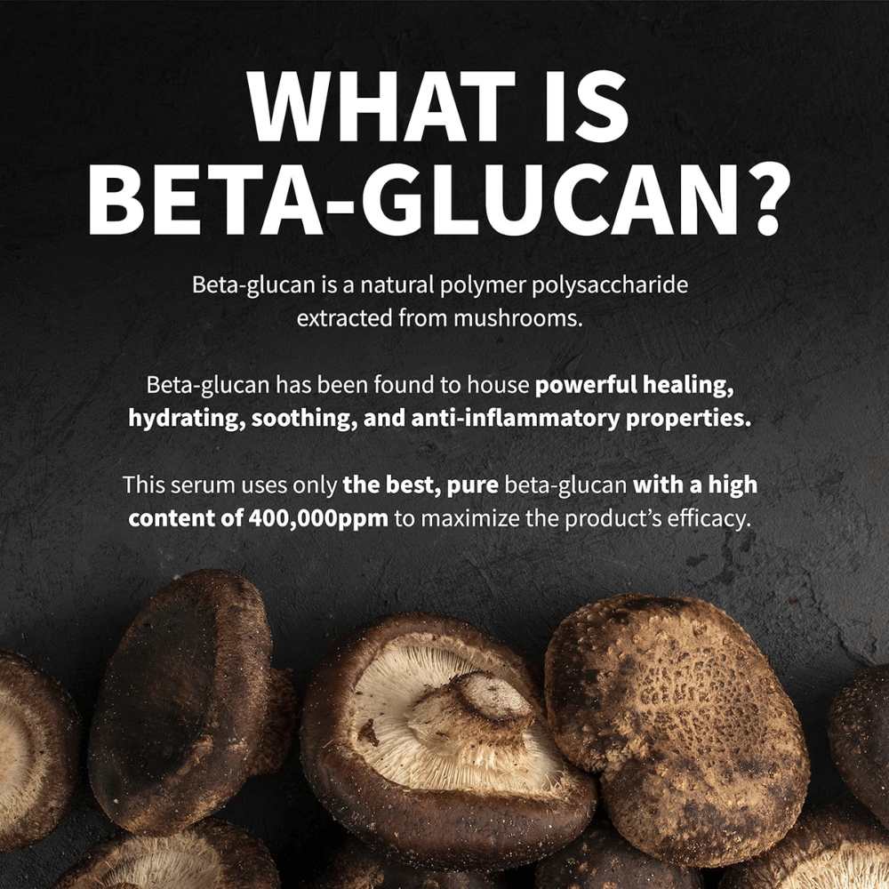 Immagine informativa che spiega che cos’è il beta-glucano. L’immagine mostra i funghi come fonte della materia prima e descrive il beta-glucano come un ingrediente con proprietà idratanti, lenitive e benefiche per la pelle.