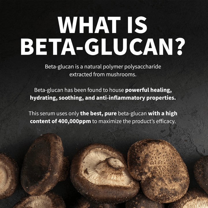 Immagine informativa che spiega che cos’è il beta-glucano. L’immagine mostra i funghi come fonte della materia prima e descrive il beta-glucano come un ingrediente con proprietà idratanti, lenitive e benefiche per la pelle.
