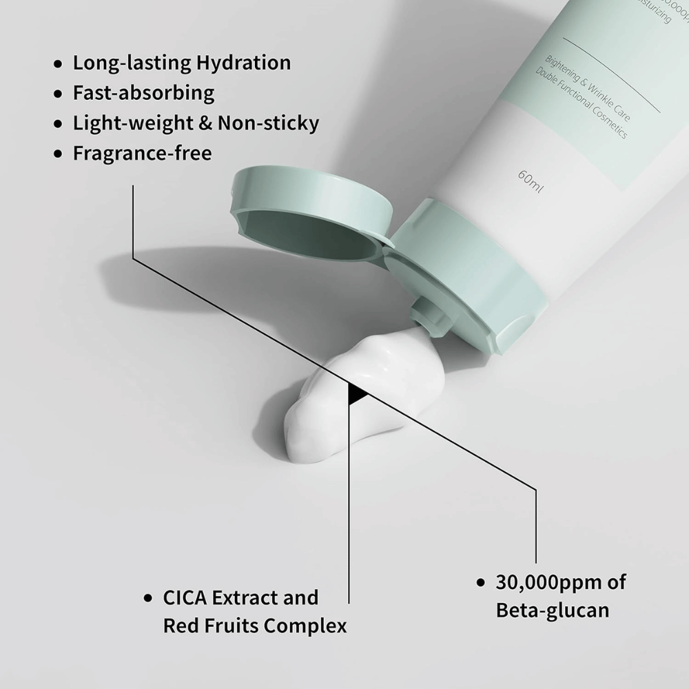 Primo piano di iUNIK Beta-Glucan Daily Moisture Cream in cui la crema viene spremuta fuori dal tubo. L’immagine mette in evidenza la consistenza leggera del prodotto e caratteristiche importanti come l’idratazione a lunga durata, il rapido assorbimento, la sensazione non appiccicosa, la formula senza profumo, il beta-glucano e ingredienti lenitivi come l’estratto di CICA.